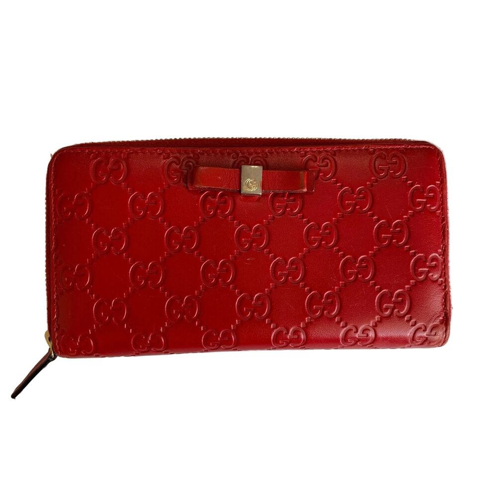 Gucci bow GG monogram Long red zip around leather wallet Authentic with COA